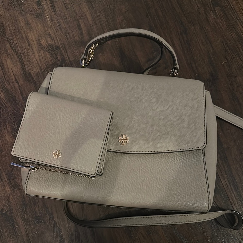 Tory Burch Gray Leather Handbag and Wallet Set